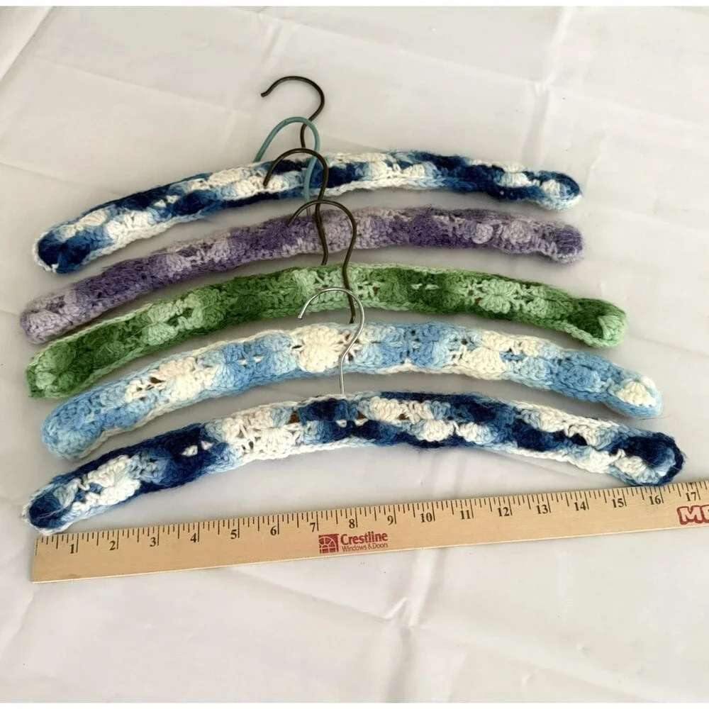 Vtg LOT OF 5 Crocheted Wooden Yarn Covered Clothes Hangers Multi Colored Granny